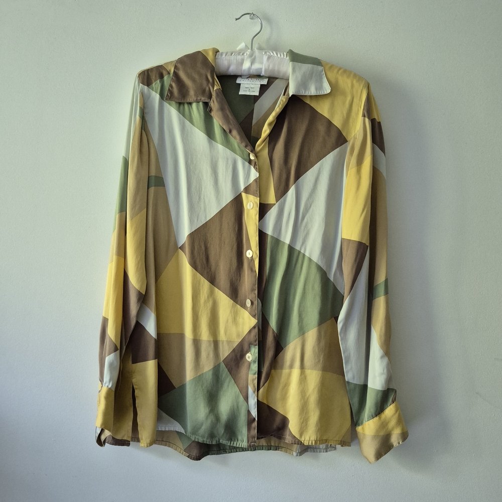 Vintage 100% Silk Geometric Button-Up Shirt